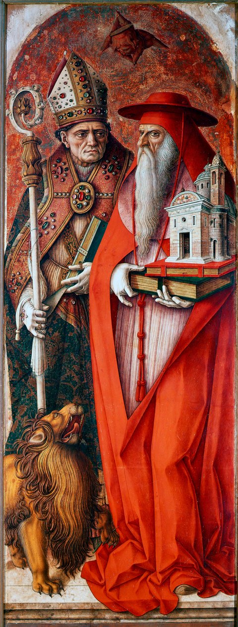 Camerinon katedraalin polyyptyykki (Duomo di Camerino): Pyhä Hieronymus ja Pyhä Augustinus. Carlo Crivellin maalaus (1430 / 35-1494 / 1500). Tempera puulla tekijältä Carlo Crivelli
