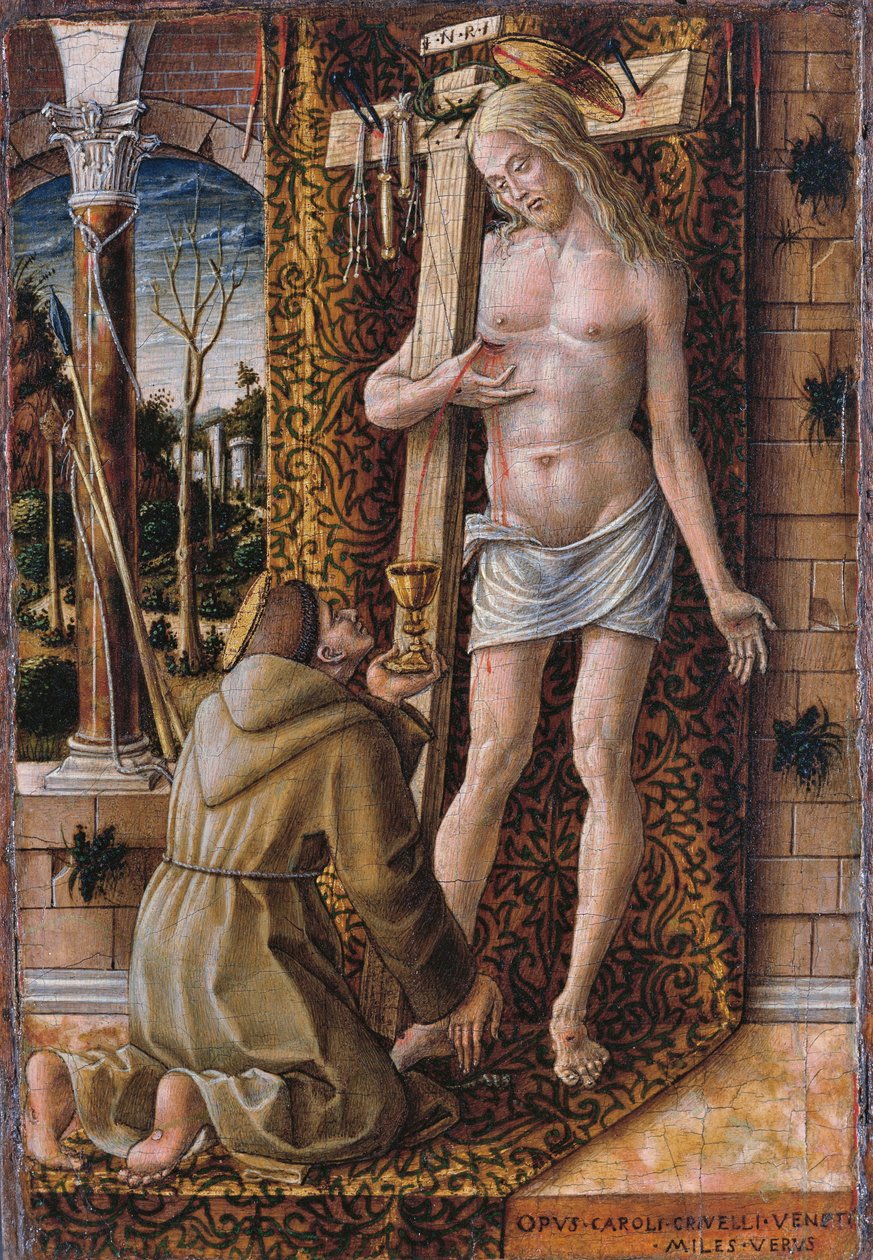 Pyhä Franciscus keräämässä Kristuksen verta tekijältä Carlo Crivelli