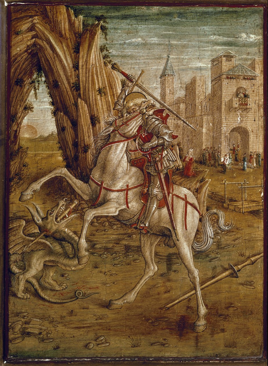 Saint George Killing the Dragon (Predelle of Pala Odoni) - Tempera puulla, vuoden 1490 jälkeen tekijältä Carlo Crivelli