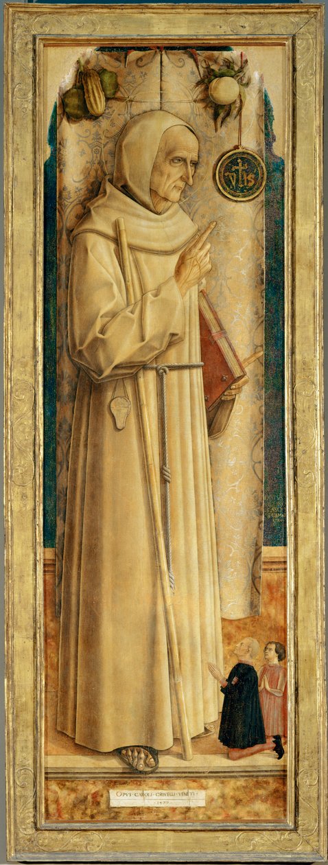 Saint Jaques de la Marche ja kaksi polvistuvaa lahjoittajaa ... tekijältä Carlo Crivelli