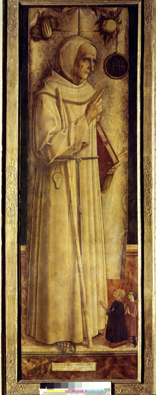 Santiago de la Marche (1394-1476) ja kaksi luovuttajaa polvistumassa (joskus sanoo virheellisesti St. Bernardino Siena). Carlo Crivellin maalaus (1435-1495) tekijältä Carlo Crivelli