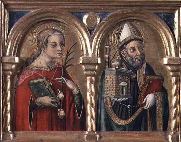 St. Agatha ja St. Augustine (predella-paneeli) (yksityiskohta numerosta 57606) tekijältä Carlo Crivelli