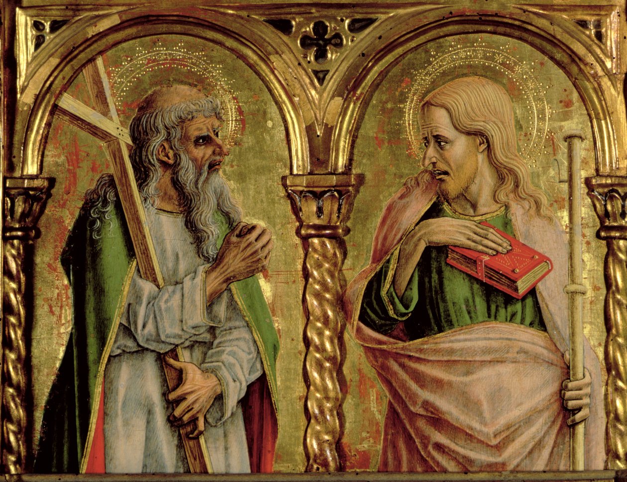 Pyhä Andreas ja Pyhä Jaakob, yksityiskohta SantEmidion polyptyykistä, 1473, tempera paneelille, yksityiskohta 76636:sta. tekijältä Carlo Crivelli