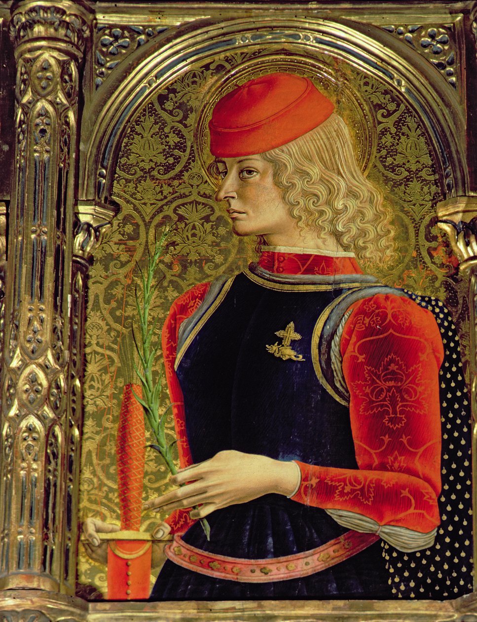 Pyhä Yrjö, yksityiskohta SantEmidion polyptyykistä, 1473, tempera paneelille, yksityiskohta 76636:sta. tekijältä Carlo Crivelli