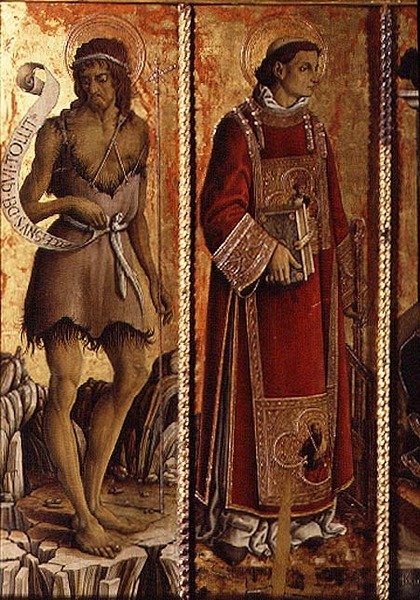 Pyhä Johannes Kastaja ja St. Lawrence, yksityiskohta San Silvestron polyptyykistä tekijältä Carlo Crivelli