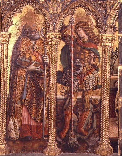 Pyhä Nikolaus ja Pyhä Mikael, yksityiskohta San Martinon polyptyykistä (tempera taulussa) (katso 76669) tekijältä Carlo Crivelli