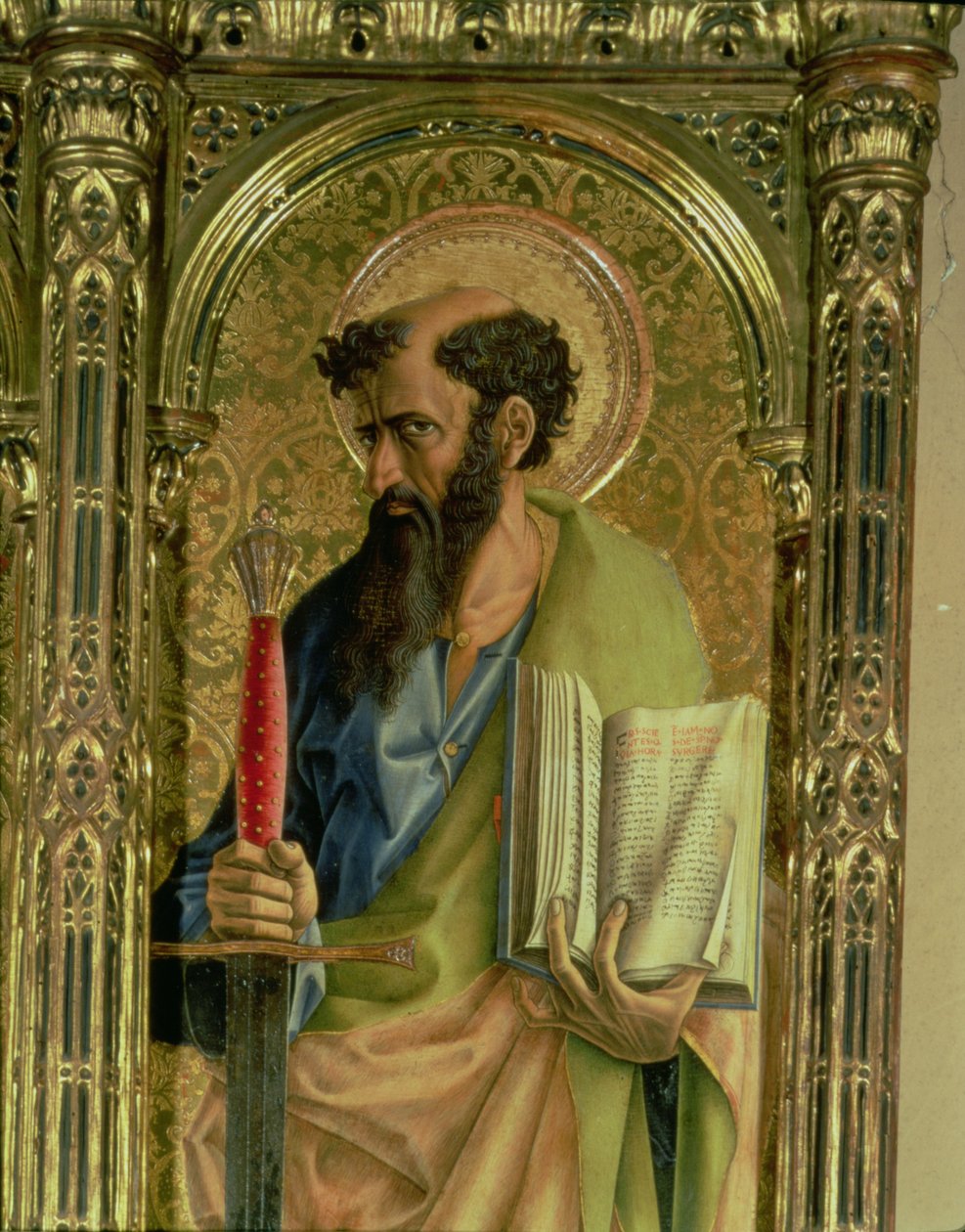 Pyhä Paavali, yksityiskohta SantEmidion polyptyykistä, 1473, tempera paneelille, yksityiskohta kuvista 76636 ja 76646. tekijältä Carlo Crivelli