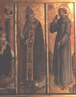 St. Sylvester ja St. Francis, yksityiskohta San Silvestron polyptyykistä tekijältä Carlo Crivelli