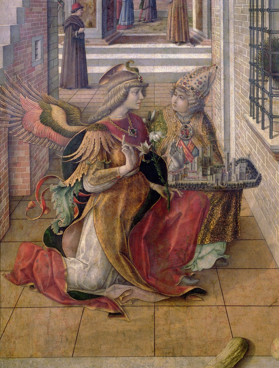 Ilmestys Pyhän Emidiuksen kanssa, yksityiskohta arkkienkeli Gabrielista pyhimyksen kanssa, 1486 (tempera ja öljy paneelille) (yksityiskohta 97895) tekijältä Carlo Crivelli