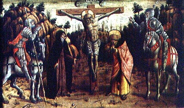 Crucifixion, keskellä vasen predella-paneeli San Silvestro polyptychistä tekijältä Carlo Crivelli