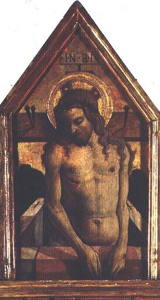 Ylösnoussut Kristus, yksityiskohta San Silvestron polyptyykistä tekijältä Carlo Crivelli