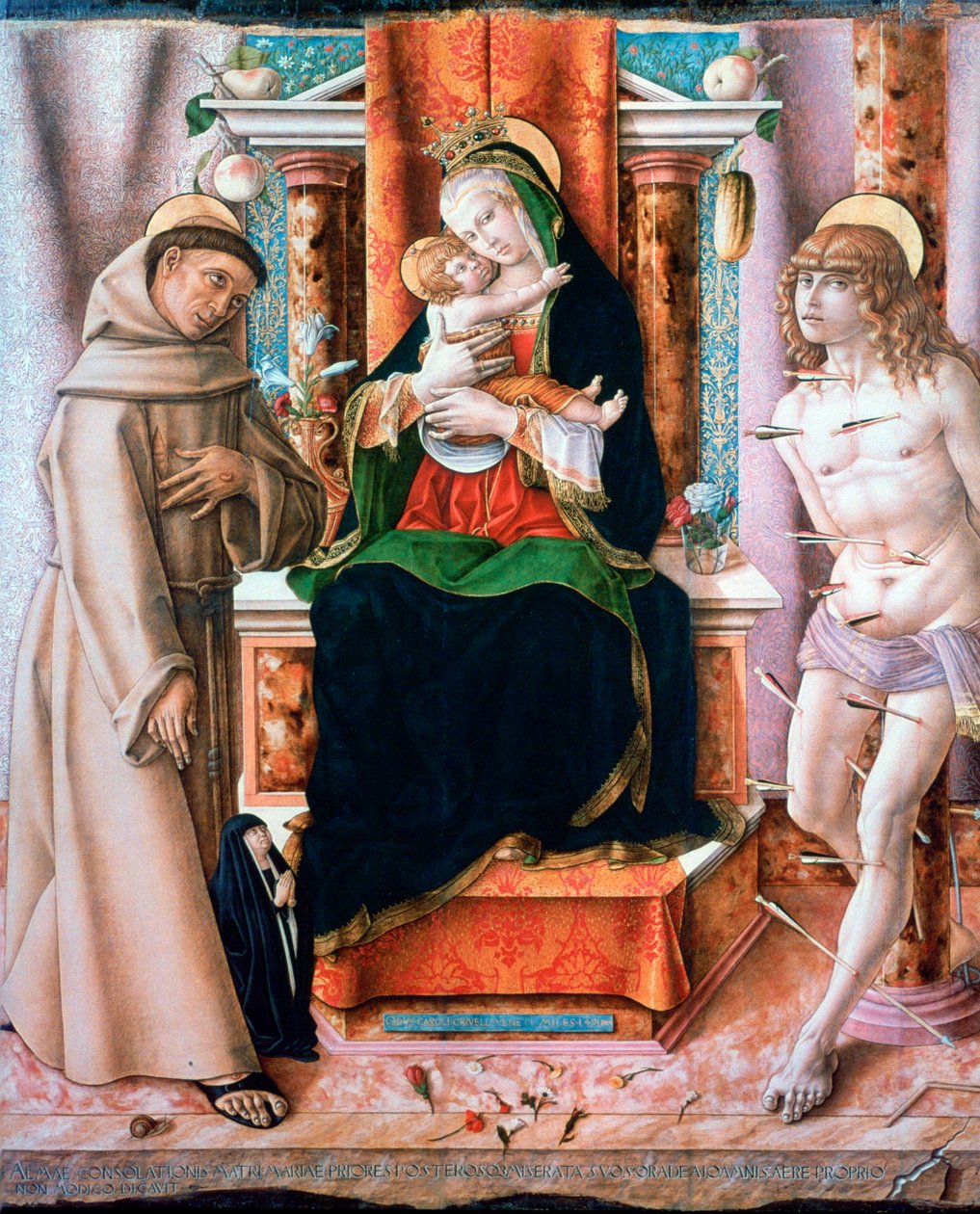Neitsyt ja lapsi pyhien Franciscuksen ja Sebastianin kanssa, 1491 tekijältä Carlo Crivelli