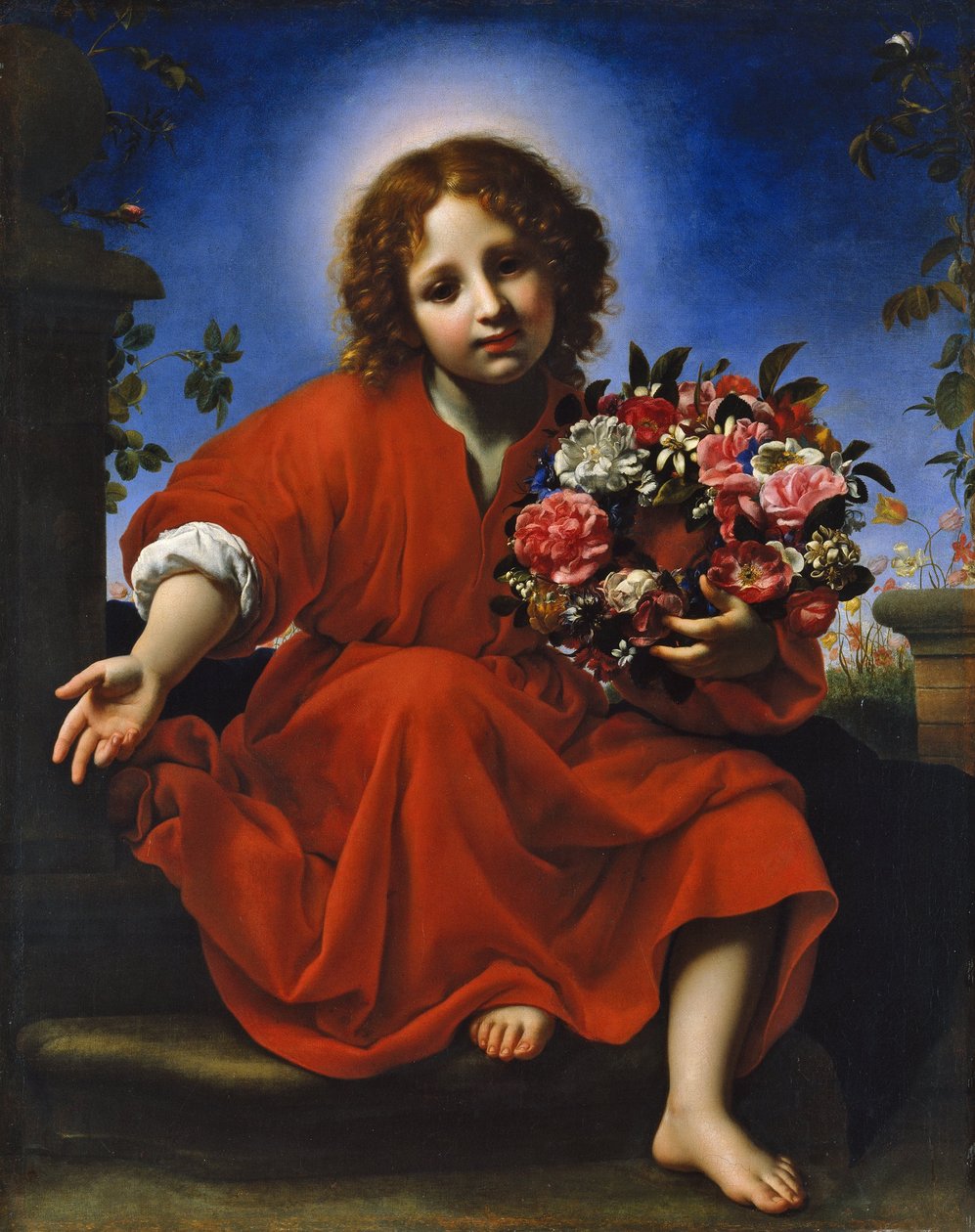 Espanjaksi:  El Niño Jesús con una corona de flores Kristuslapsi kukkaseppeleen kanssa tekijältä Carlo Dolci