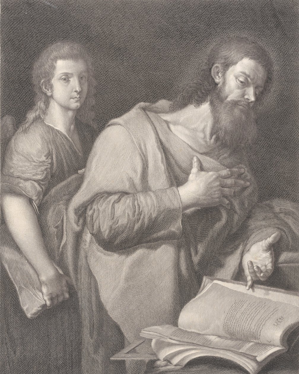 Pyhä Matteus seisoo kirjan edessä oikealla käsi rinnallaan, toinen mies..., 1750-84 tekijältä Carlo Faucci