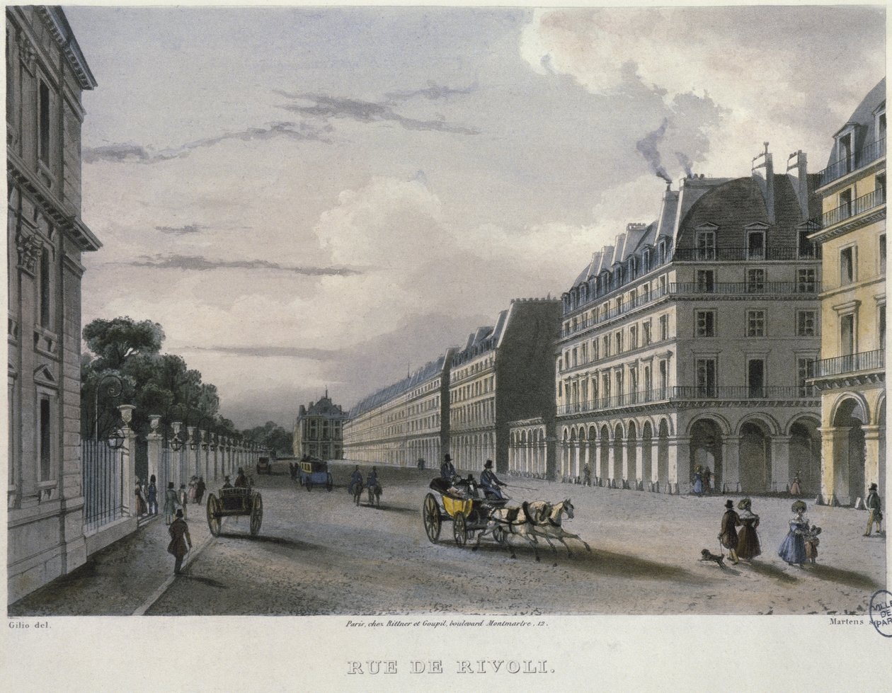 Rue de Rivol, kaiverrus Frederic Martens (1809-75) 1832 (värikaiverrus) tekijältä Carlo Gilio