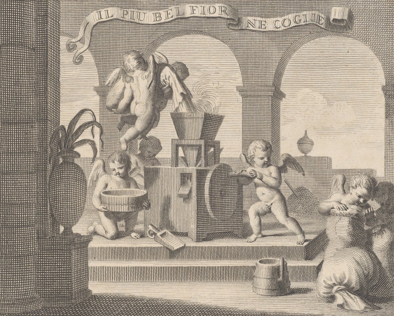 Hän kerää kauneimman kukan Il più bella fior groglie ne, kuuden puttityöntekijän..., 1740-59 tekijältä Carlo Gregori