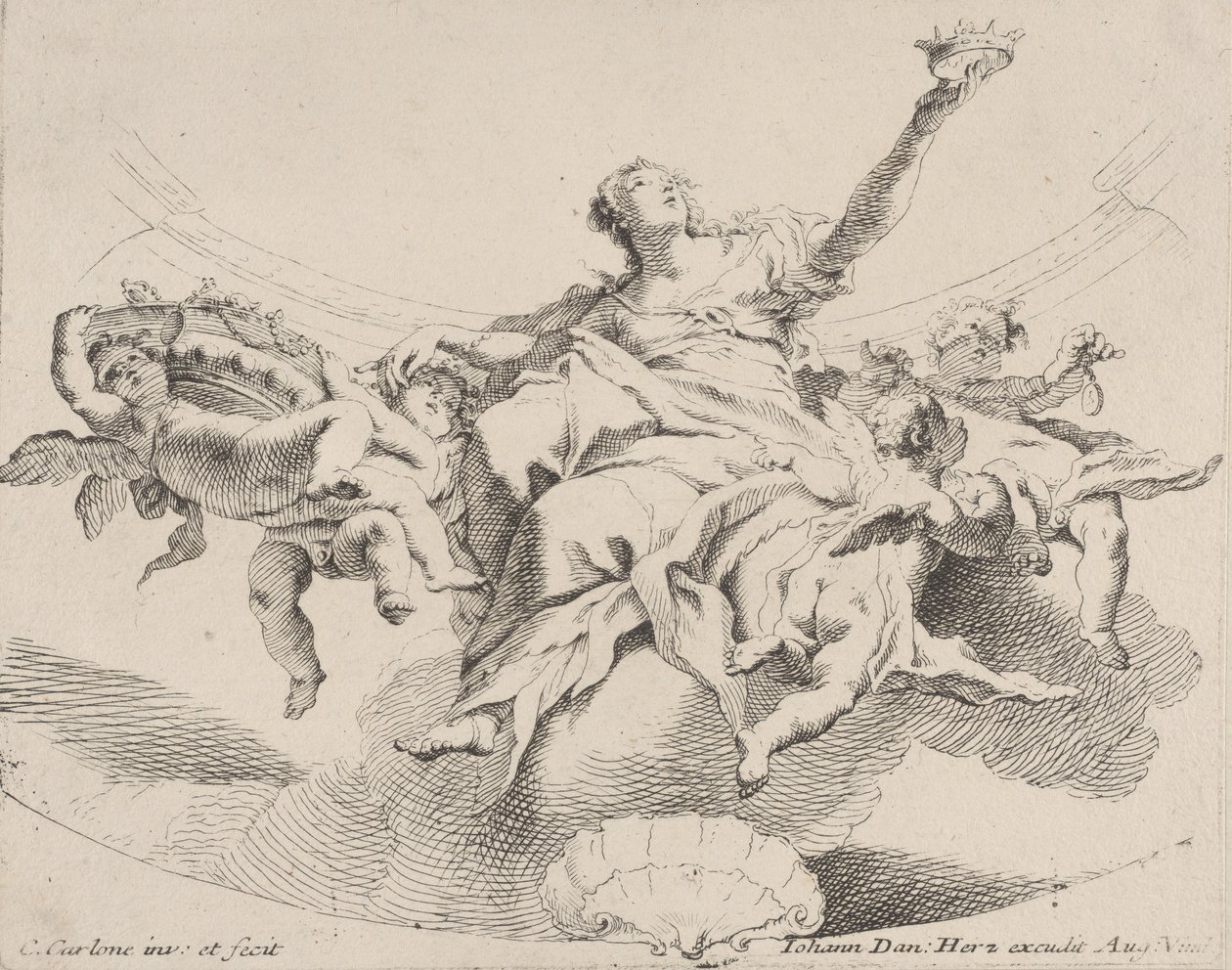 Valta, jota edustaa nainen, joka istuu pilvien päällä, pitelee kruunua ja jota ympäröi putti,..., 1725-75. tekijältä Carlo Innocenzo Carloni