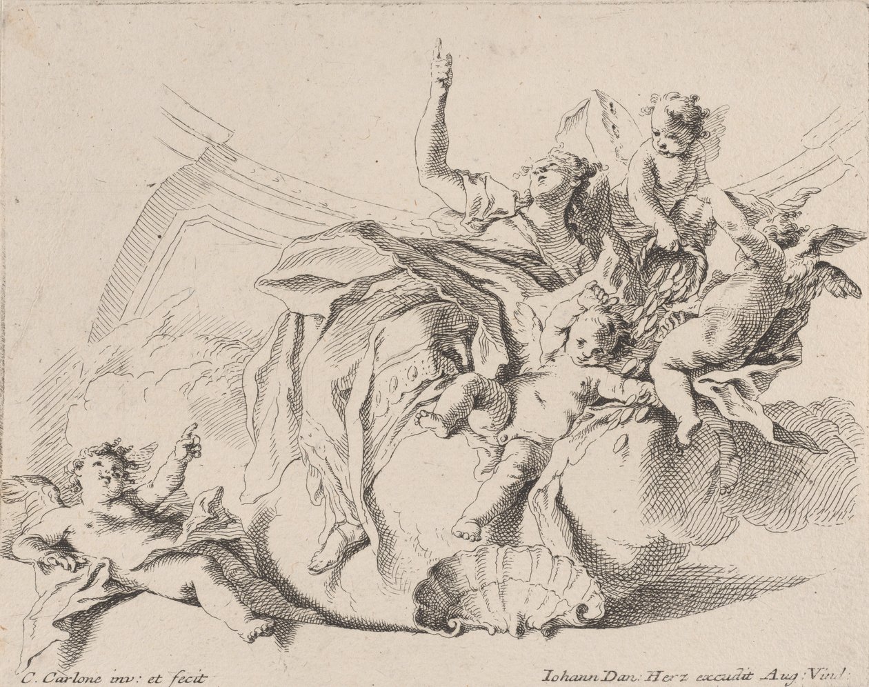 Rikkaus, jota edustaa pilvien päällä istuva ja putin ympäröimä nainen, joista yksi on..., 1725-75. tekijältä Carlo Innocenzo Carloni