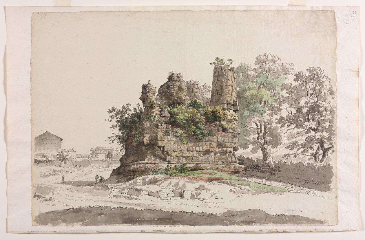 Niin kutsuttu Curiatii-veljesten hauta Albanossa, Madonna della Stellan kirkko kaukaa vasemmalla tekijältä Carlo Labruzzi