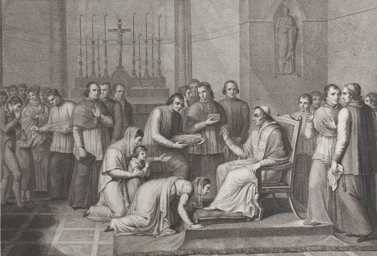 Nainen polvistuu suudellakseen paavi Pius VII:n jalkaa, väkijoukko hänen takanaan vasemmalla, 1814-50 tekijältä Carlo Lasinio