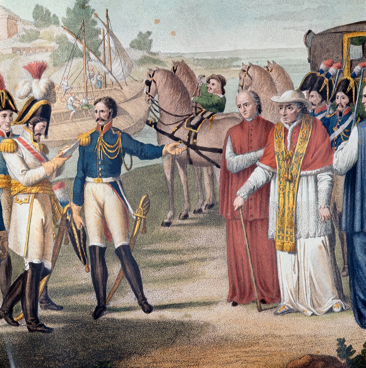 Itävaltalais-napolilainen armeija pidätti paavi Pius VII:n (Pio) (1742-1823) palattuaan Italiaan lähellä Parmaa 25. maaliskuuta 1814 - Carlo Lasinion (1759-1838) kaiverrus - Värilitografia (Paavi Pius VII:n pidätys (1742-1823) palattuaan Italiaan mennessä tekijältä Carlo Lasinio