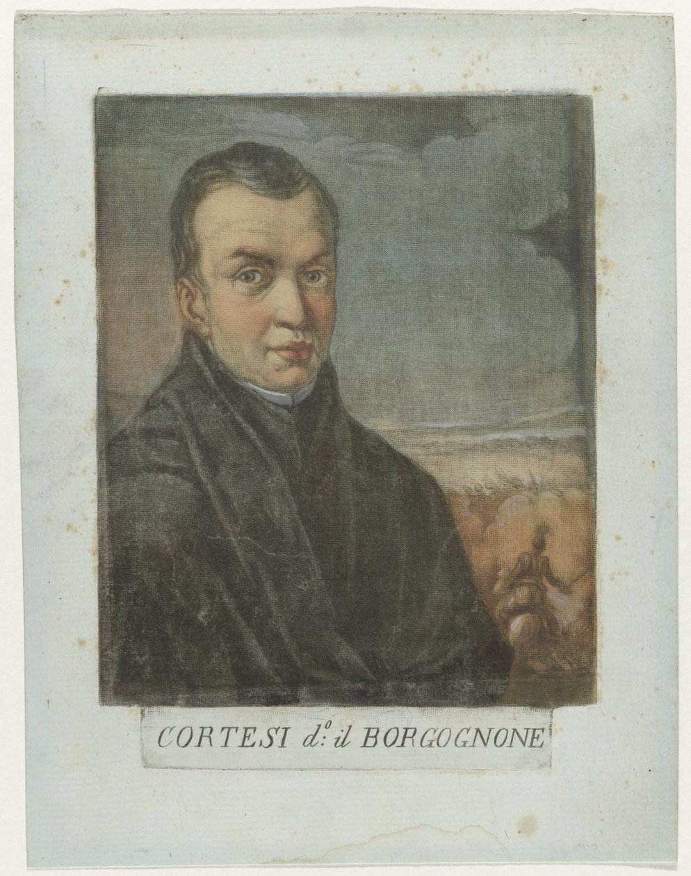 Muotokuva schilder Jacques Courtois Kunstenaars Zelfportret En in de Galleria degli Uffizi te Florence (sarjan nimi) Real Galleria di Firenzen omakuvat (sarjan nimi) tekijältä Carlo Lasinio