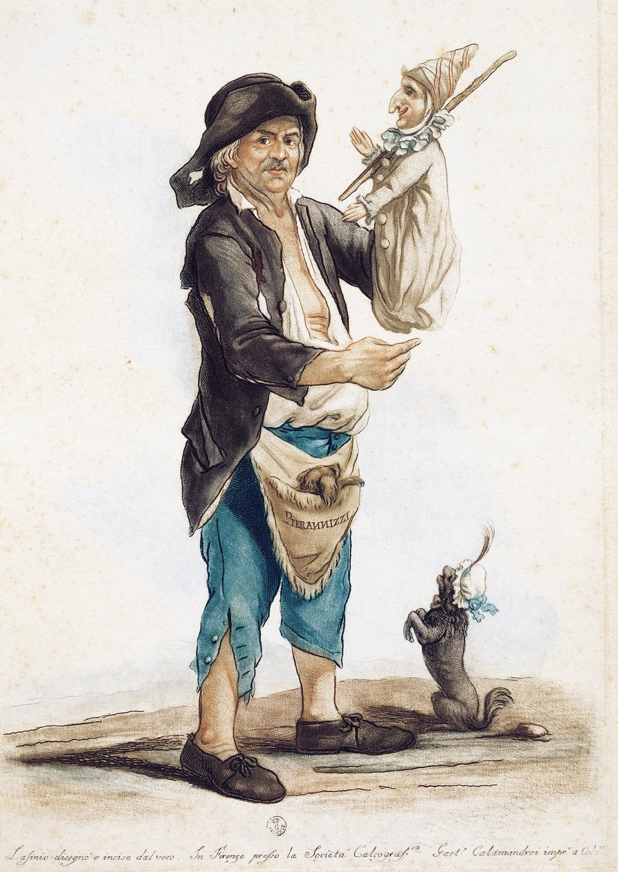 Nukkenäyttelijä Pierannizzi, piirustus ja värillinen kaiverrus Carlo Lasinio (1759-1838), Italia tekijältä Carlo Lasinio