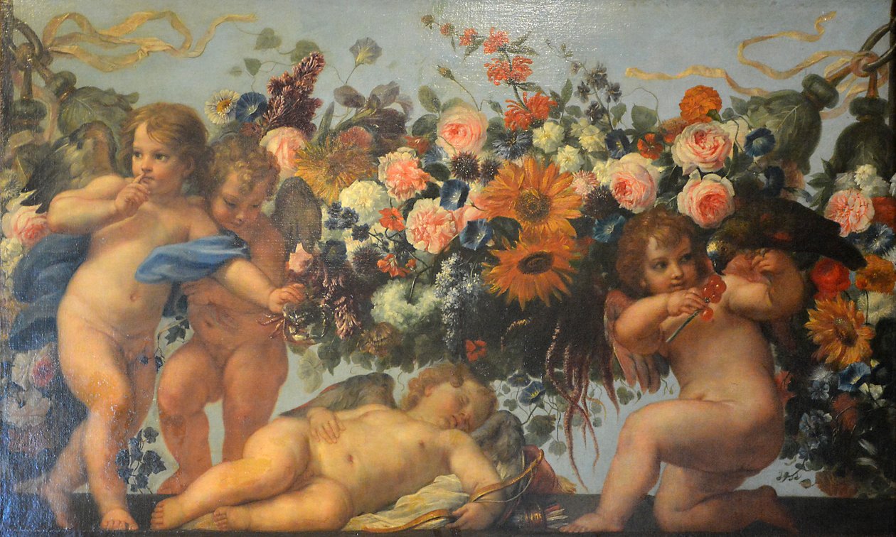 Ranskalainen:  Amour et guirlande de fleurs avec perroquet Amour et guirlande de fleurs avec perroquet Kukkakimppu ja kukkakimppu papukaijan kanssa tekijältä Carlo Maratta