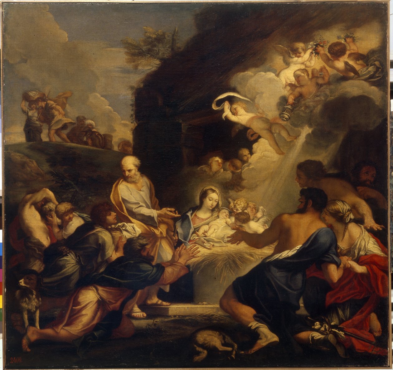 Kristus-lapsen palvonta. Pyhä perhe esittelee vastasyntyneen paimenille valopilven ja enkelien alla. Carlo Marattan (1625-1713) maalaus öljy kankaalle. Talian taide (Rooma) tekijältä Carlo Maratta or Maratti
