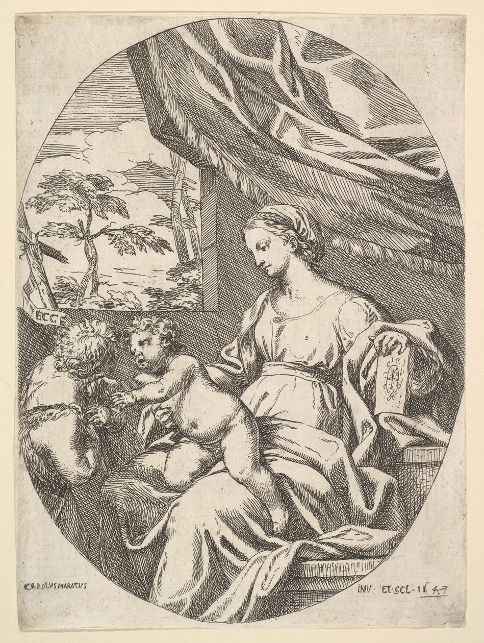 Neitsyt ja lapsi nuoren Johannes Kastajan kanssa, 1647. tekijältä Carlo Maratta or Maratti