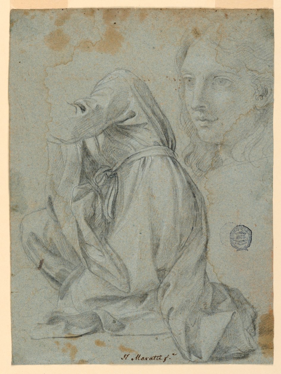 Piirtäminen, tutkimukset: Cloth of a Kneeling Woman. Nuoren naisen pää, 1650-1675. tekijältä Carlo Maratti