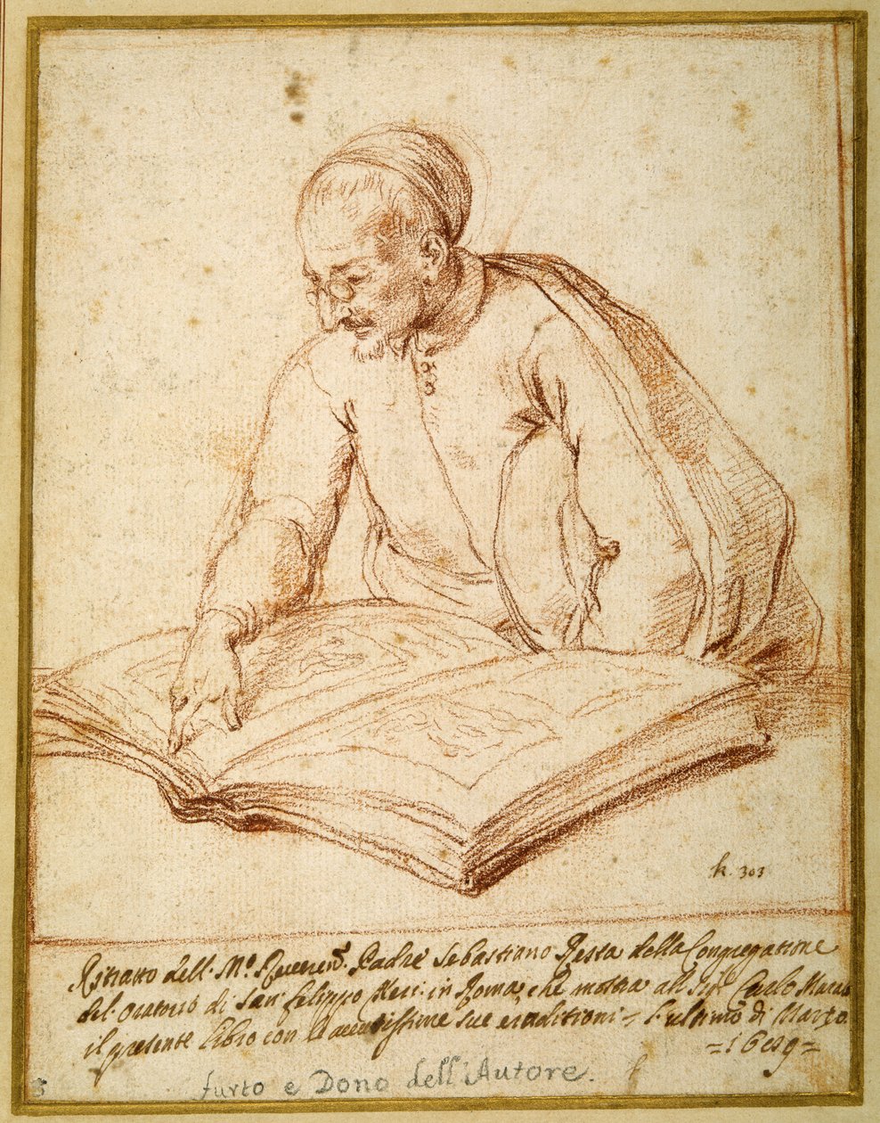 Padre Sebastiano Resta tutkii piirustusfoliota (punainen liitu paperille) tekijältä Carlo Maratti