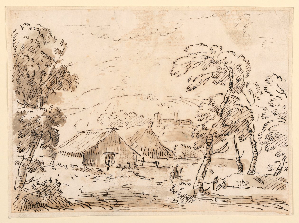 Piirustus, Talonpojan asunto ja linna vuoristoisessa maalaismaisemassa, 1762-1786 tekijältä Carlo Marchionni