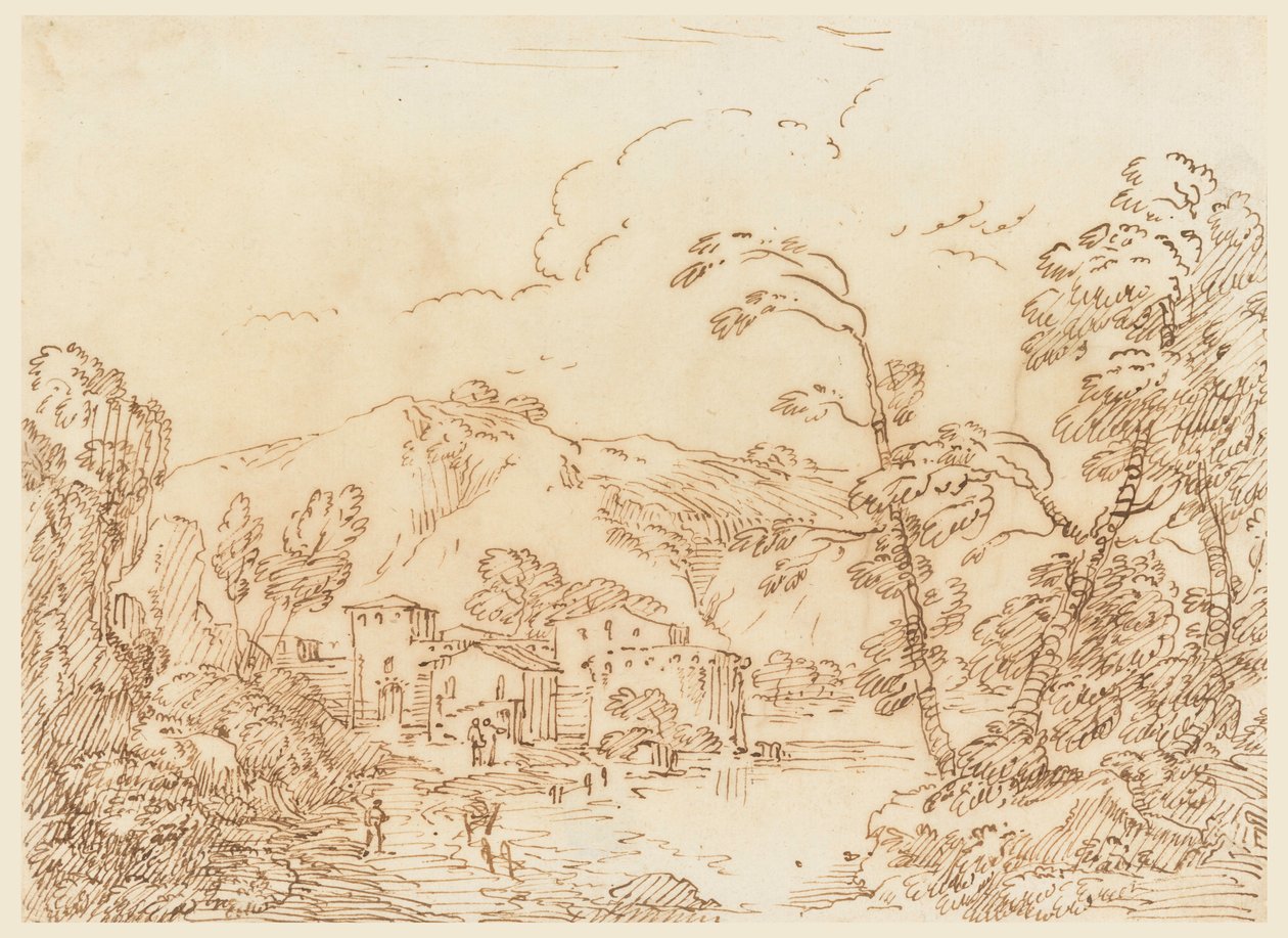 Piirros, Kylä purolla vuoristomaisemissa, 1770-86. tekijältä Carlo Marchionni