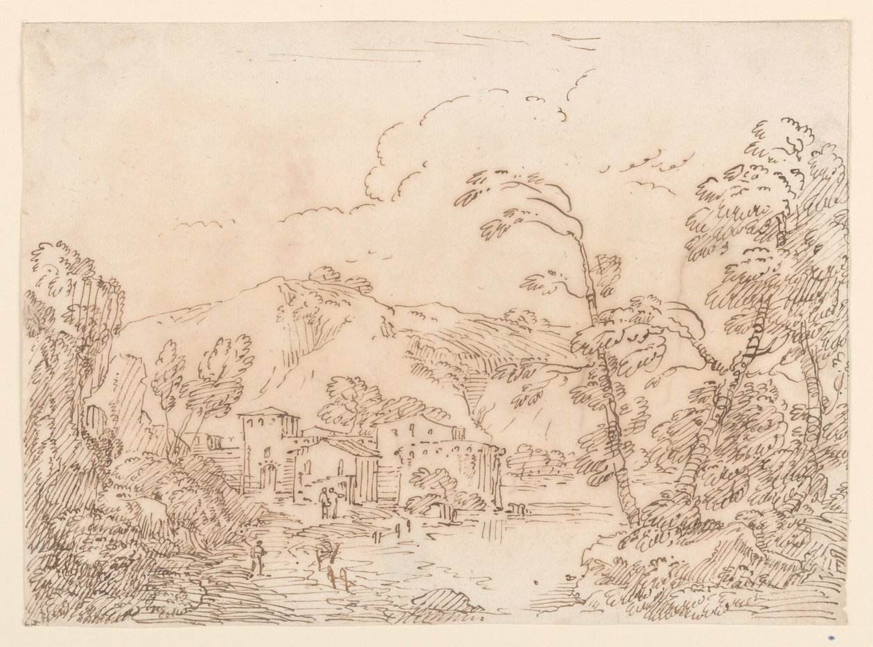 Piirros, Kylä purolla vuoristomaisemissa, 1770-86. tekijältä Carlo Marchionni