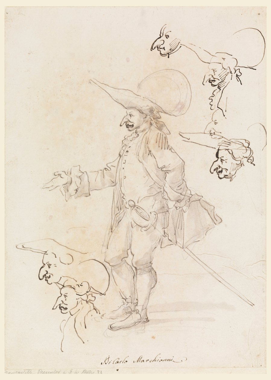 Piirustus, karikatyyrejä, n. 1725-75 tekijältä Carlo Marchionni