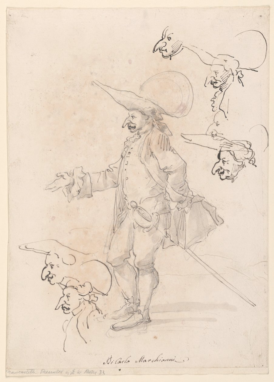 Piirustus, karikatyyrejä, n. 1725-75 tekijältä Carlo Marchionni