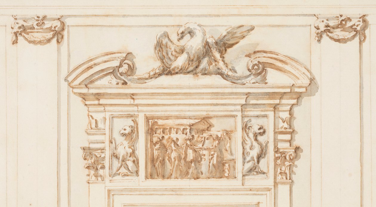 Piirustus, Pohjoisen portaalin suunnitelma, Suuri galleria, Villa Albani, Rooma, Italia, 1755-56. tekijältä Carlo Marchionni
