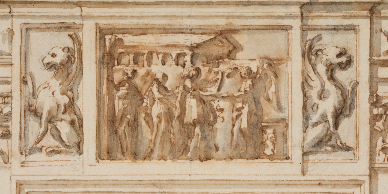Piirustus, Pohjoisen portaalin suunnitelma, Suuri galleria, Villa Albani, Rooma, Italia, 1755-56. tekijältä Carlo Marchionni