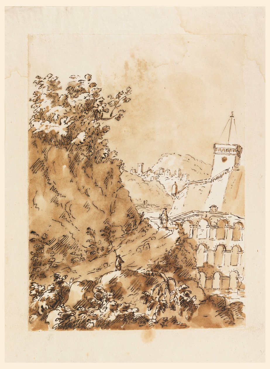Piirros, Maisema vuoristokaupunki, 1760-80 tekijältä Carlo Marchionni