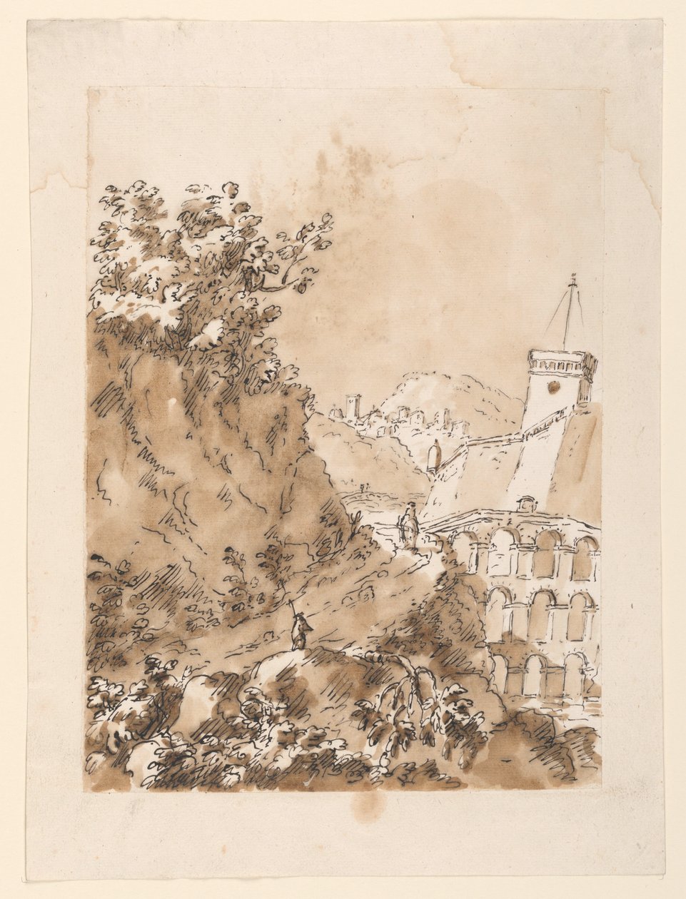 Piirros, Maisema vuoristokaupunki, 1760-80 tekijältä Carlo Marchionni