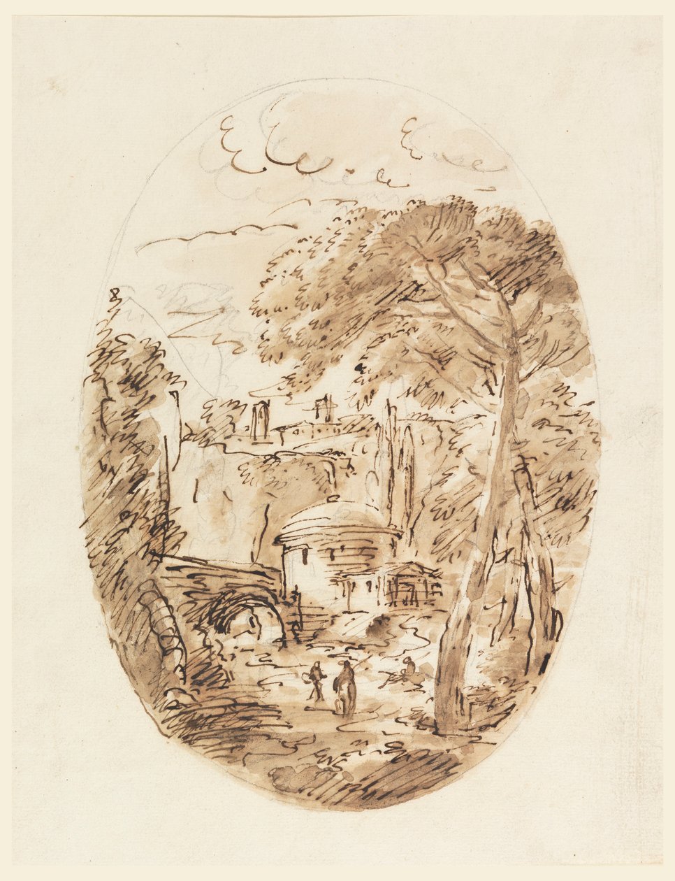 Piirustus, Maisema ratsastajan ja sillan kanssa, 1750-1786 tekijältä Carlo Marchionni