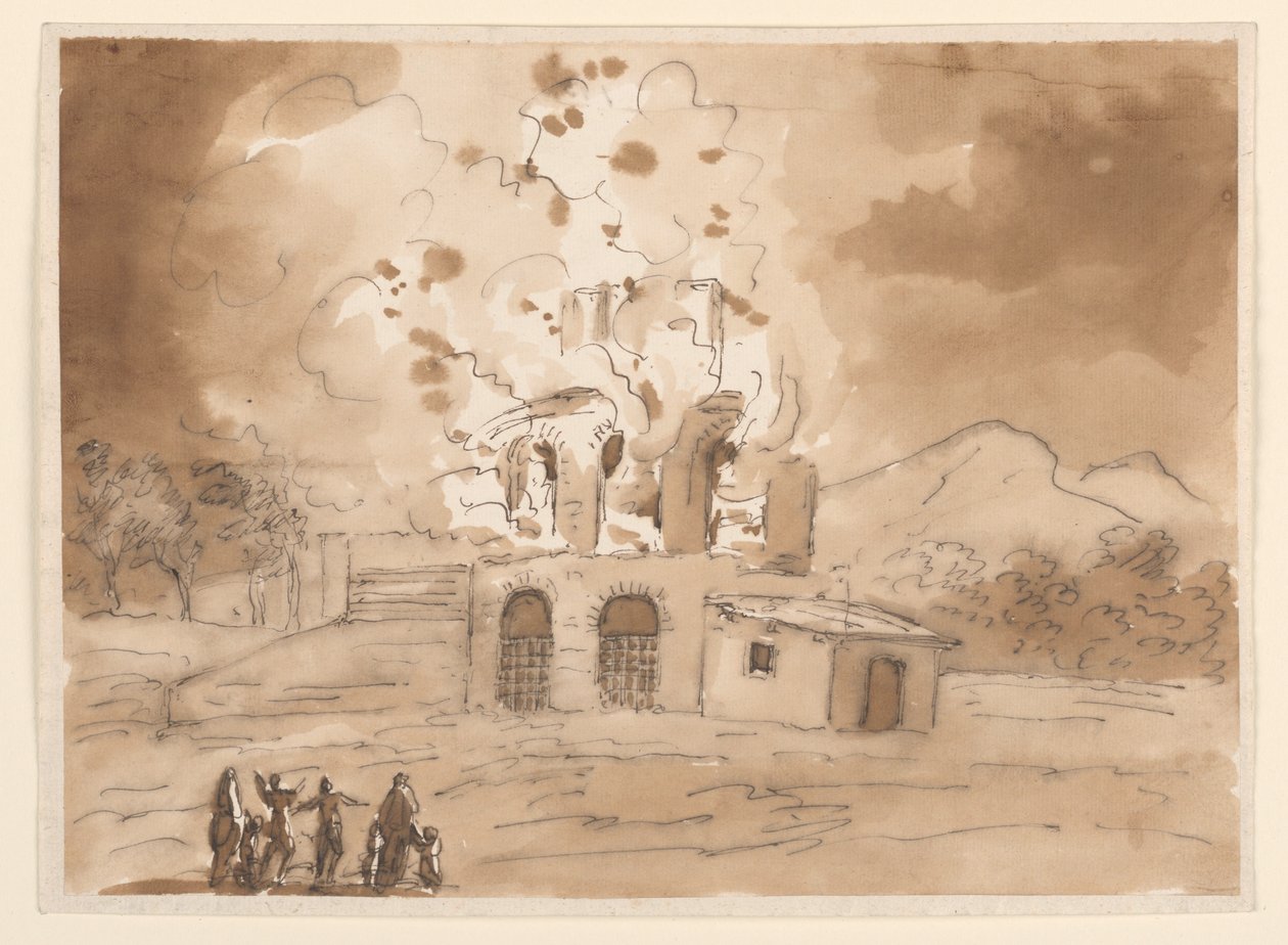 Piirros, Maisema palavan tornin kanssa, n. 1780. tekijältä Carlo Marchionni