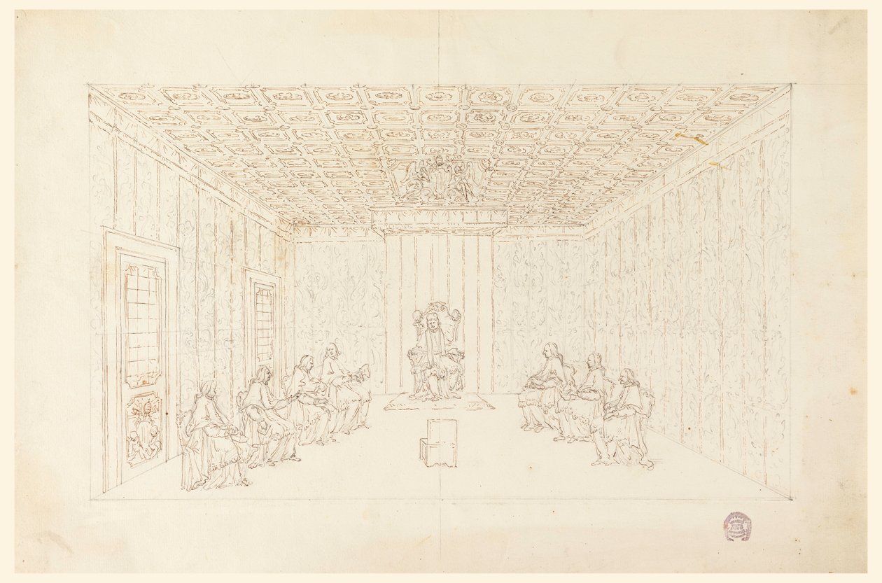 Piirros, Paavi Benedictus XIV konsistorissa kardinaalien kanssa, 1740-58. tekijältä Carlo Marchionni