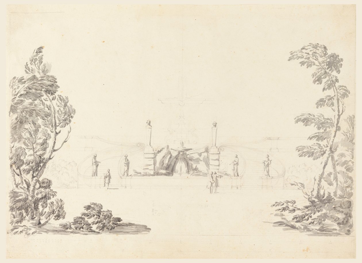 Piirustus, Luonnos suihkulähteestä puistossa, 1740 tekijältä Carlo Marchionni