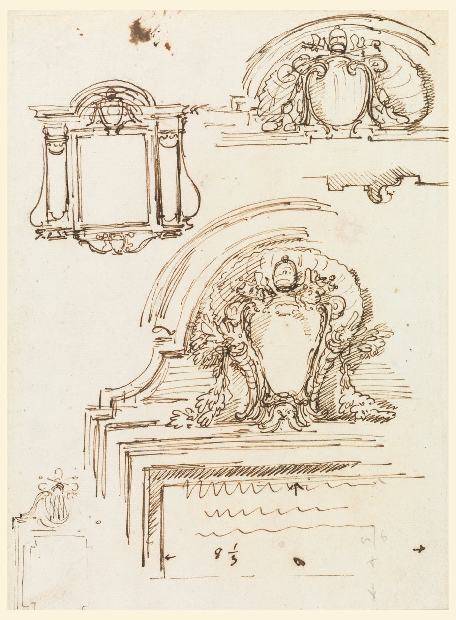 Piirustus, luonnoksia kehyksiä varten Pietarinkirkon sakastiin, 1740-58. tekijältä Carlo Marchionni