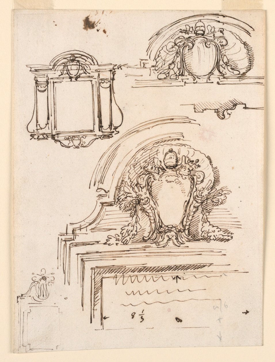 Piirustus, luonnoksia kehyksiä varten Pietarinkirkon sakastiin, 1740-58. tekijältä Carlo Marchionni