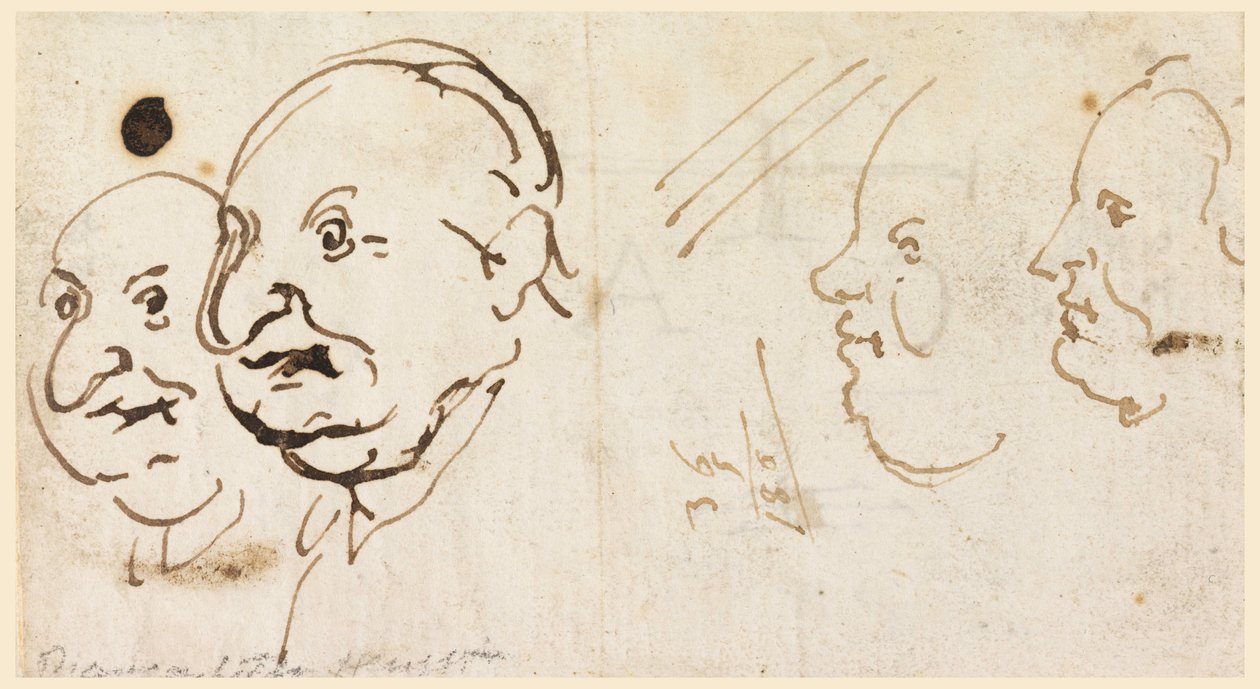Piirustus, luonnoksia neljän pään karikatyyri, 1725-75 tekijältä Carlo Marchionni