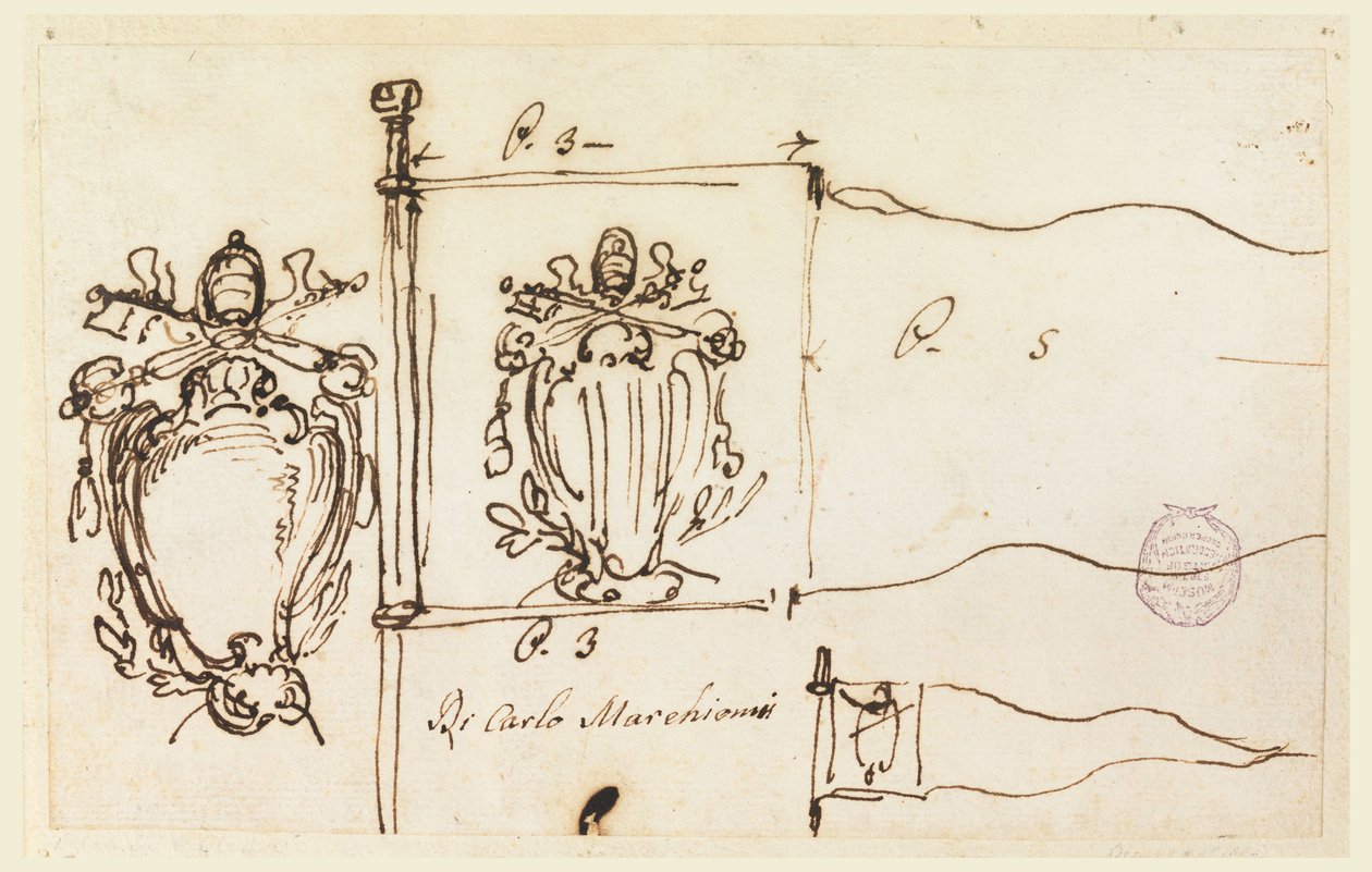 Piirustus, Kolme luonnosta paavi Benedictus XIV:n standaaria varten, 1740-58. tekijältä Carlo Marchionni