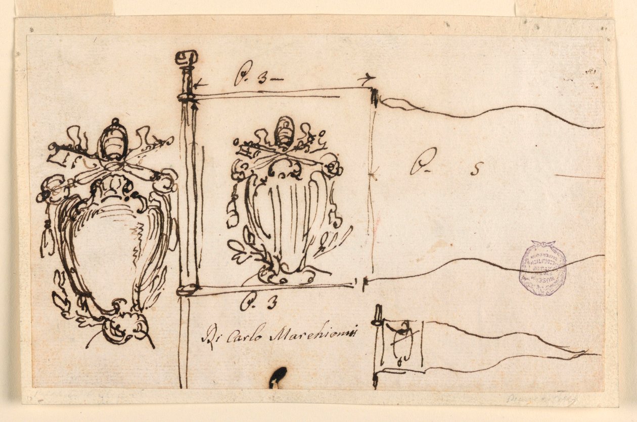 Piirustus, Kolme luonnosta paavi Benedictus XIV:n standaaria varten, 1740-58. tekijältä Carlo Marchionni